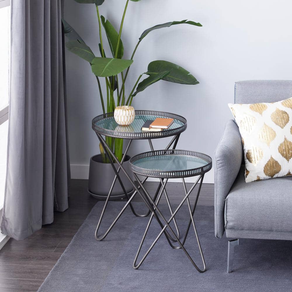 Set of 2 Gray Metal and Glass Industrial Accent Tables