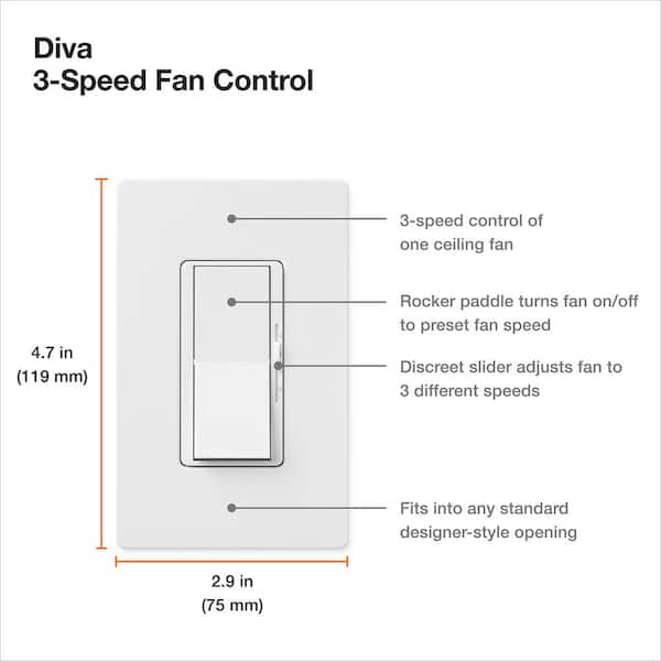 Lutron Diva 1.5 Amp Single-Pole/3-Way 3-Speed Fan Control, Light Almond Lutron Diva 1.5 Amp Single-Pole/3-Way 3-Speed Fan Control, Light Almond