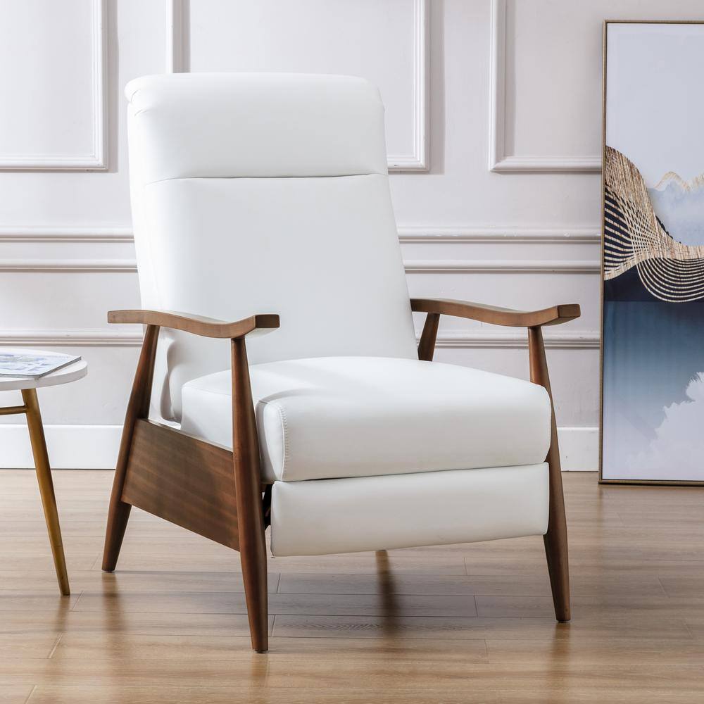 Milky White Leather and Wood Mid-Century Modern Recliner