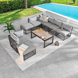 9-Piece Wicker Patio Conversation Sectional Seating Set with Gray Cushions