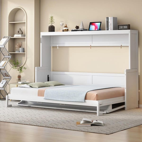 Nestfair White Wood Frame Queen Size Murphy Bed with Hydraulic