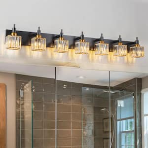 Orillia 51.18 in. 7-Light Modern Black and Gold Bathroom Vanity Light with Crystal Shades