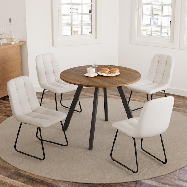 GOJANE 5-Piece 34.6 in. Modern Round Dining Table with Leather Chairs(Walnut Table+4 U-shaped White Chairs)