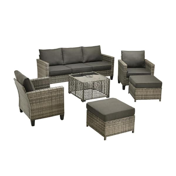Daphne 6-Piece Modern Wicker Outdoor Patio Conversation Sofa Seating Set with Black Cushions