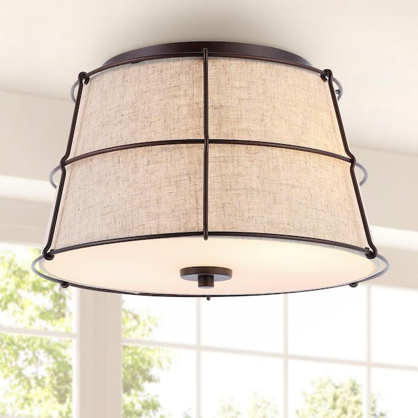 JONATHAN Y Silas 14 in. Oil Rubbed Bronze 2-Light Rustic Farmhouse Iron LED Flush Mount