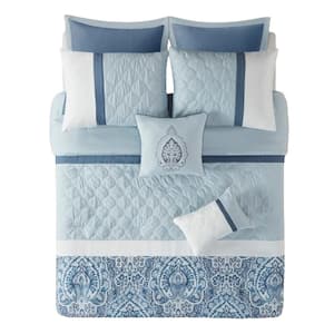 Quilted Damask King Size Polyester Comforter Set 1 Comforter/2 Shams/1 Bedskirt/2 Euro Shams/2 Pillow Case in Blue