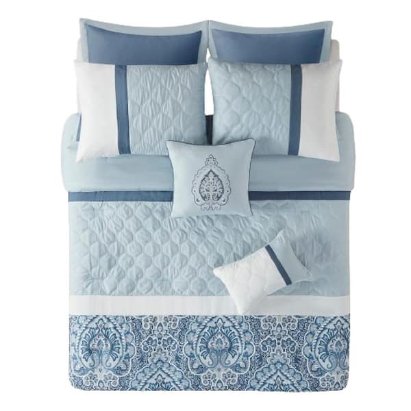 Afoxsos Quilted Damask Cal King Size Polyester Comforter Set 1 Comforter/2 Shams/1 Bedskirt/2 Euro Shams/2 Pillow Case in Blue