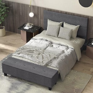 Gray Wooden Frame Full Upholstered Platform Bed Frame with Ottoman Storage Linen Button Tufted Headboard