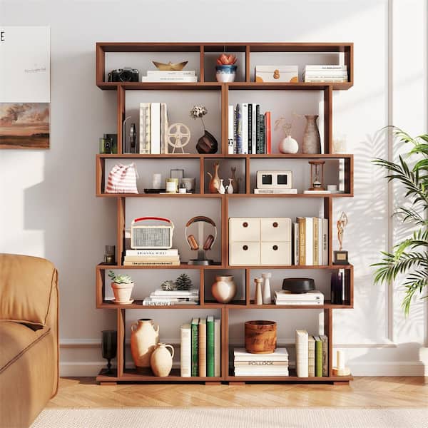 HONEY JOY 6-tier S-shaped Bookshelf 64 in. Tall Walnut Home Wood