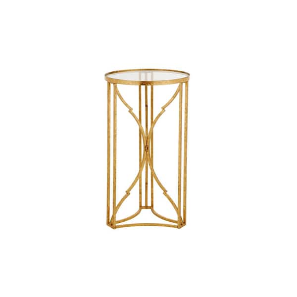 Photo 1 of (READ NOTES) Gold Leaf Metal and Glass Accent Table with Hourglass Shape Base (15.75 in. W x 27.75 in. H)