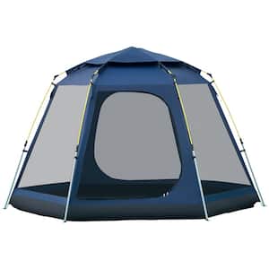 Dark Blue 6 Person Steel Pop Up Hexagon Camping Tent with Rain Cover 4 Windows 2 Doors Carry Bag