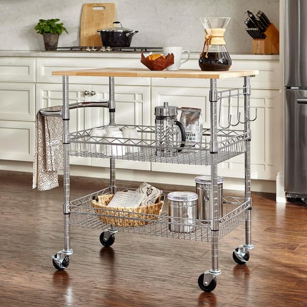 StyleWell Gatefield Chrome Rolling Kitchen Cart with Butcher Block Top and Tiered Storage Shelves (36" W)