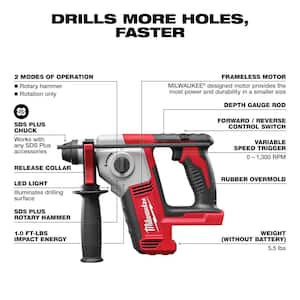 M18 18-Volt Lithium-Ion Cordless 5/8 in. SDS-Plus Rotary Hammer (Tool-Only) with Carbide Drill Bits