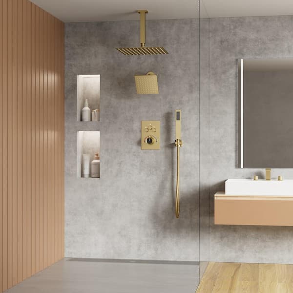 7-Spray 12 in. Wall Mount Dual Shower Head and 8 in. Widespread Basin Faucet 1.8 GPM in Brushed Gold