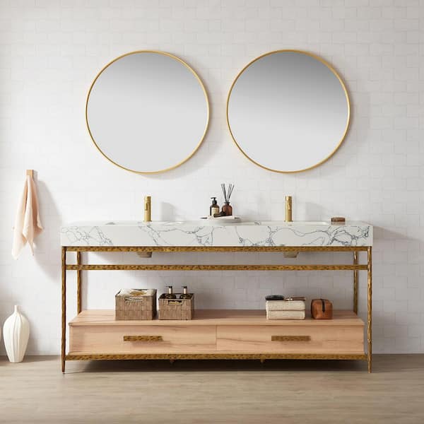 ROSWELL Dhaka 72 in.W x 22 in.D x 33.9 in.H Double Bath Vanity in Yellow Bronze Metal Support with White Composite Stone Top