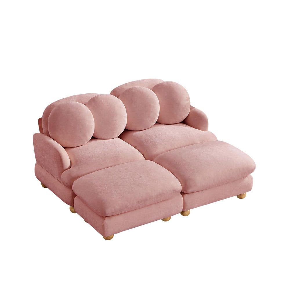 68 in. Round Arms Chenille Modular Sectional Sofa in Pink with 2 Movable Ottomans and Throw Pillows