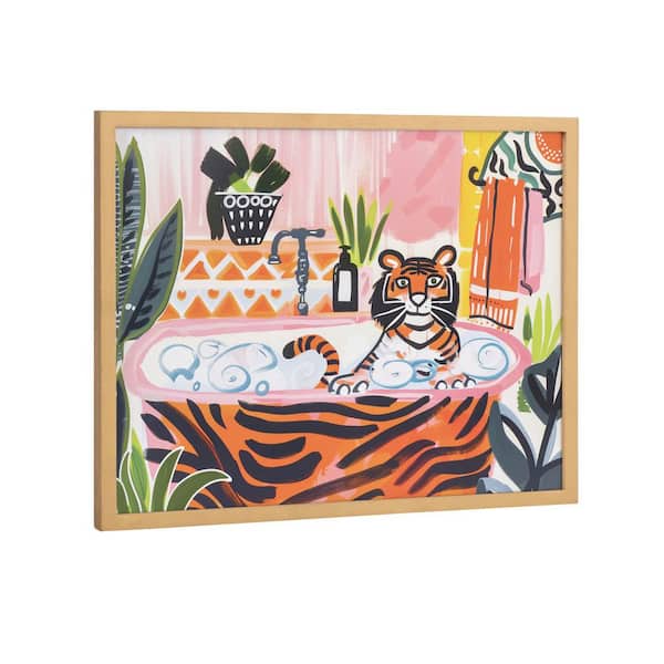 Kate and Laurel Gallery Bold Maximalist Tiger in Bubble Bath by The Creative Bunch Studio Gold Framed Art Print 16 in. x 12 in.