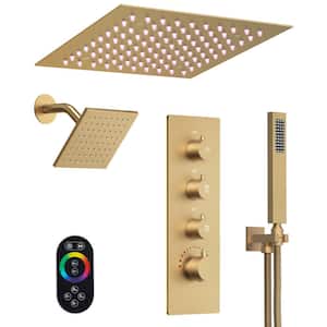 LED Dual Showers with Valve 7-Spray Dual Ceiling Mount 12 in. Fixed and Handheld Shower Head 2.5 GPM in Brushed Gold