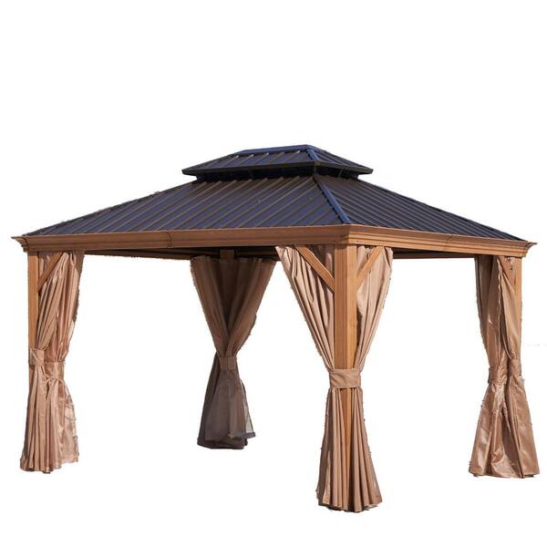 Sizzim 12 ft. x 10 ft. Wood Grain Double Galvanized Steel Roof Patio ...