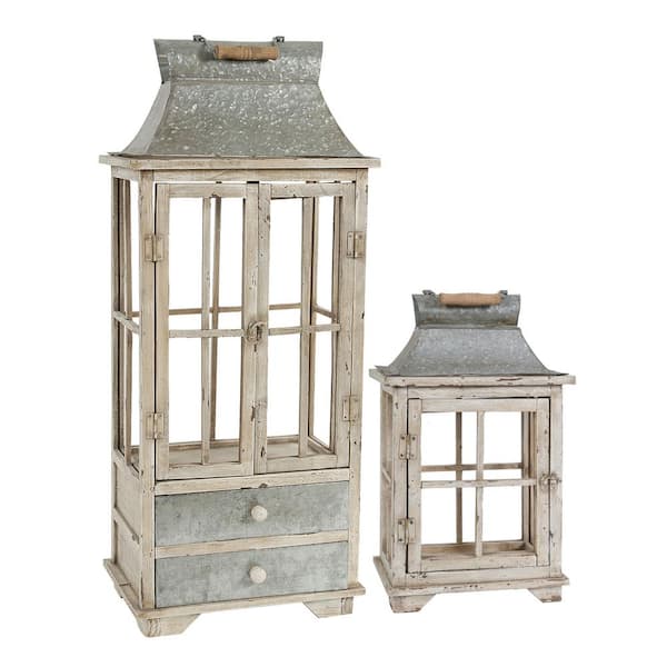 29.5 in. and 36 in. Backyard Expressions White Indoor/Outdoor Wooden  Lantern Set (2-Pack)