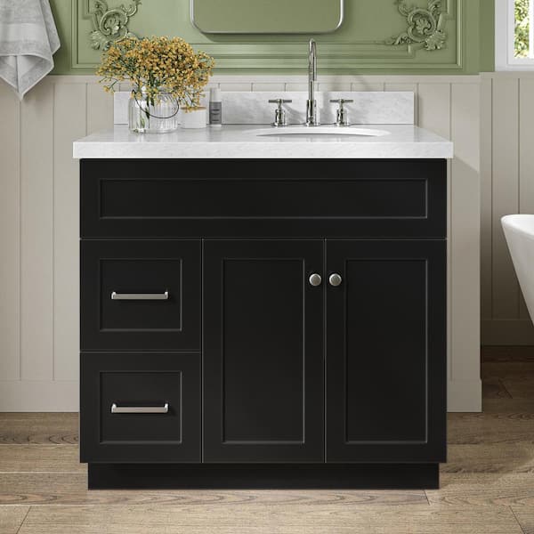 ARIEL Hamlet 37 in. W x 22 in. D x 36 in. H Bath Vanity in Black with Carrara Marble Vanity Top