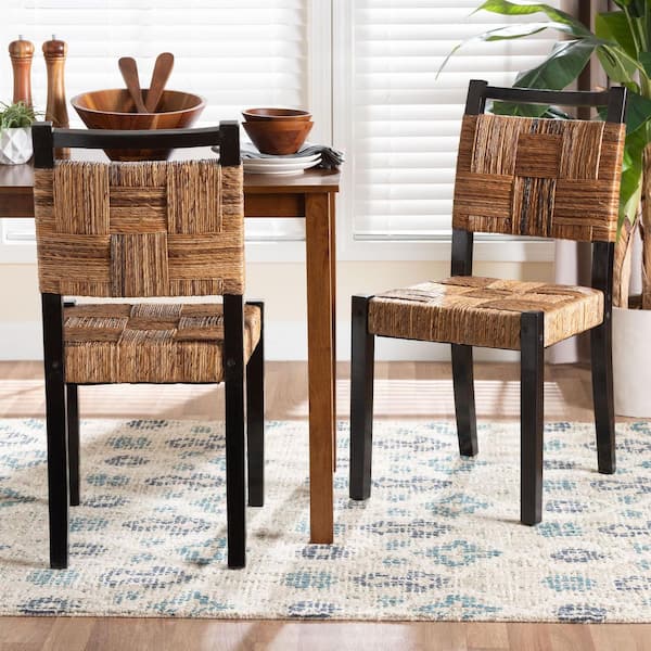 Raniya Natural Brown Seagrass and Black Wood Dining Chair (Set of 2)