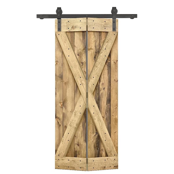 CALHOME 38 in. x 84 in. X Pre Assembled Weather Oak Wood Solid Core Bi-fold Barn Door with Sliding Hardware Kit