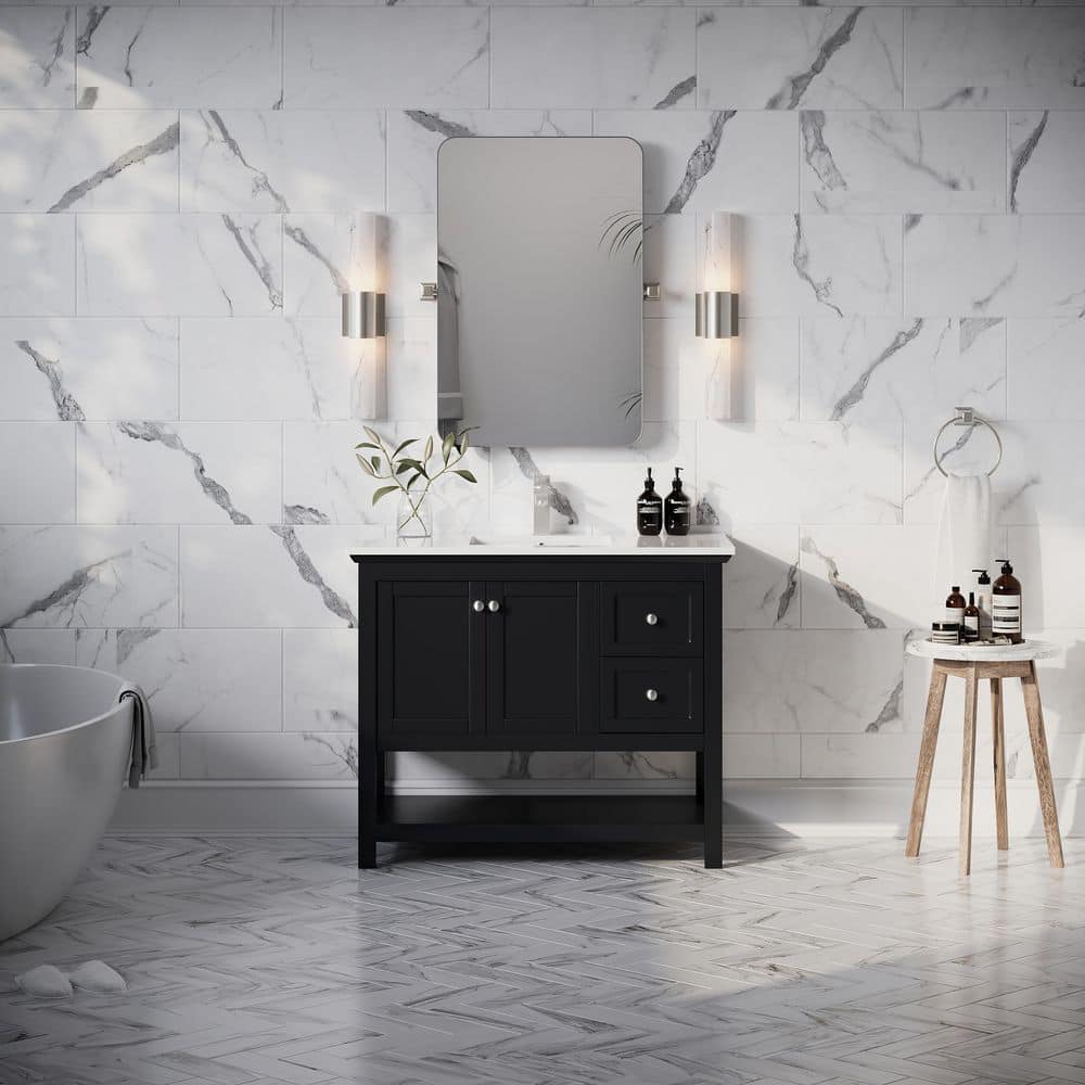 Elegant 42" Black Quartz Top Solid Wood Freestanding Vanity with Sink
