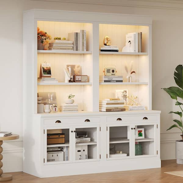 Dilys 83.4 in. Tall White Wood 3-Shelf Modern Bookcase Suite with Drawer and Glass Doors