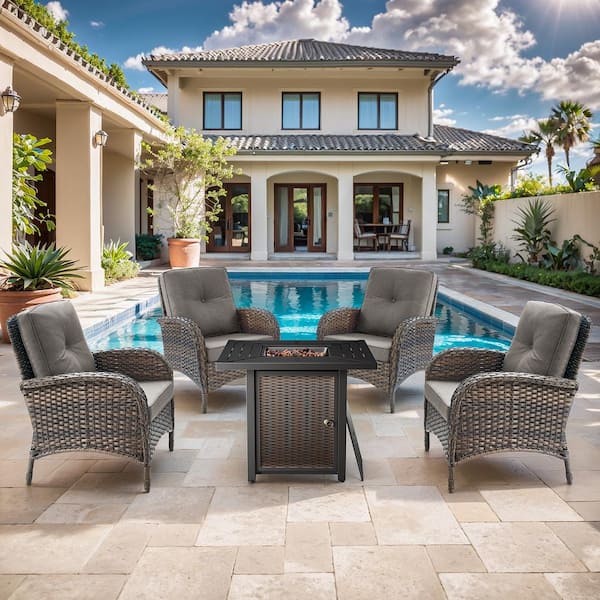 Brown 5-Piece Wicker Patio Fire Pit Set, Outdoor 4-Person Seating Set with Olefin Gray Cushions and Armchairs
