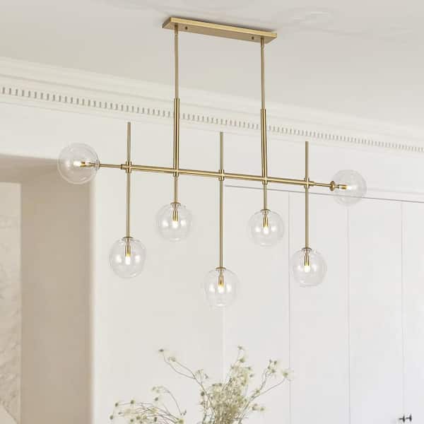 Linear Bloom 7-Light Modern Brass Linear Chandelier with Clear Globe Glass Shades for Kitchen Island