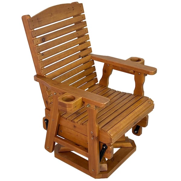 Wood Swivel Outdoor Glider Chair with Cup Holders, Weather Resistant, Heavy Duty 500 lbs for Porch, Yard, Brown