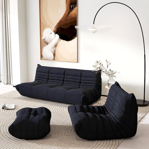 Set of 3 Black Teddy Velvet Polyester Large (45-72 in.)Fireside Lazy Sofa Rebound Sponge Floor Couch with Chair, Ottoman
