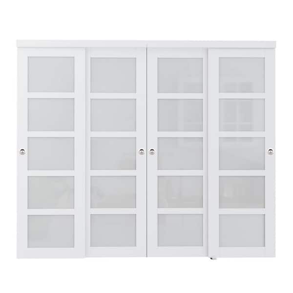 96 in. x 80 in. 5-Lite Frosted Glass Primed White Glass Interior Closet Sliding Door Sliver Handles and Hardware