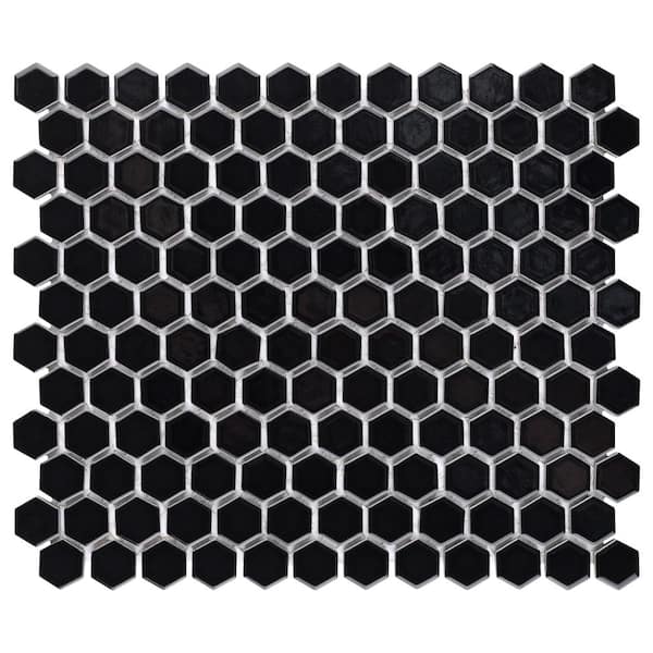 Metro 1 in. Hex Glossy Black 6 in. x 6 in. Porcelain Mosaic Take Home Tile Sample