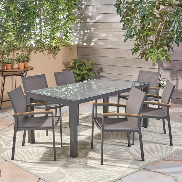Noble House Luton Grey 7-Piece Aluminum Outdoor Dining Set with Glass Table Top