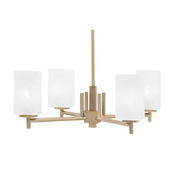 Unbranded Bridgewater 19 in. 4-Light New Age Brass Chandelier with 3.5 in. Square White Marble Glass Shades, No Bulbs Included