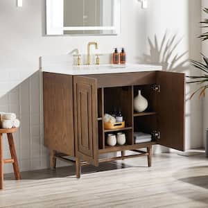 36 in. Freestanding Bathroom Vanity Brown Solid Wood Storage Cabinet Combo Set with Marble Single Sink Top