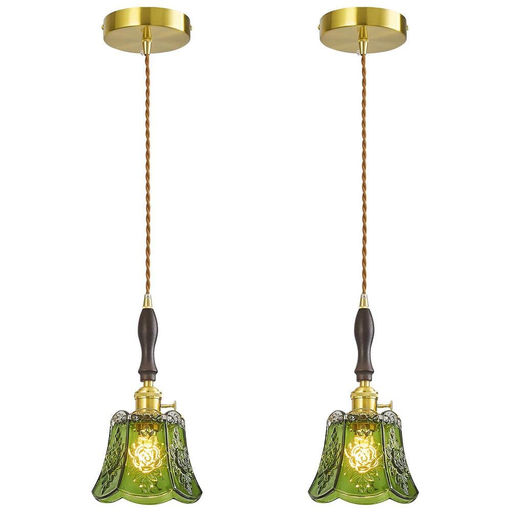 Home Lighting 60W 2-Light Green Vintage Brass Finish Pendant Light Patterned Glass Shade for Kitchen Bedroom price history on PriceWatchPro