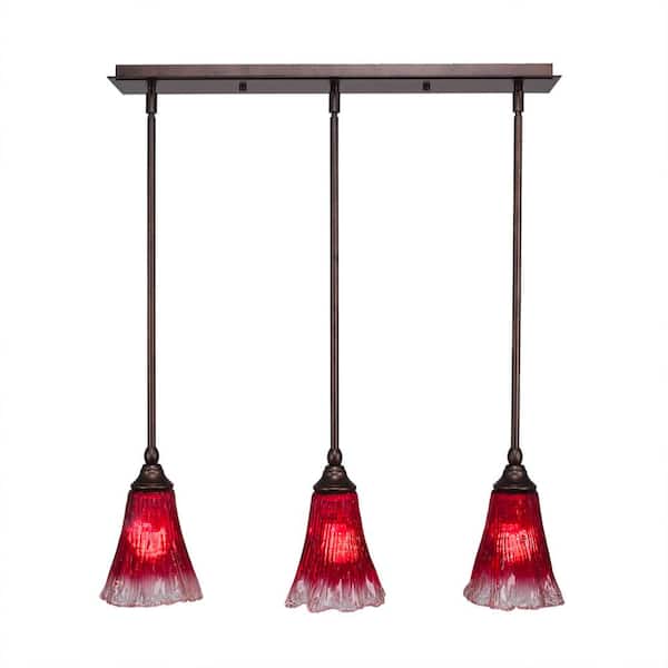 Unbranded Livingston 100-Watt 3 Light Bronze, Linear Pendant Light with 5.5 in. Raspberry Crystal Glass Shades No Bulbs Included