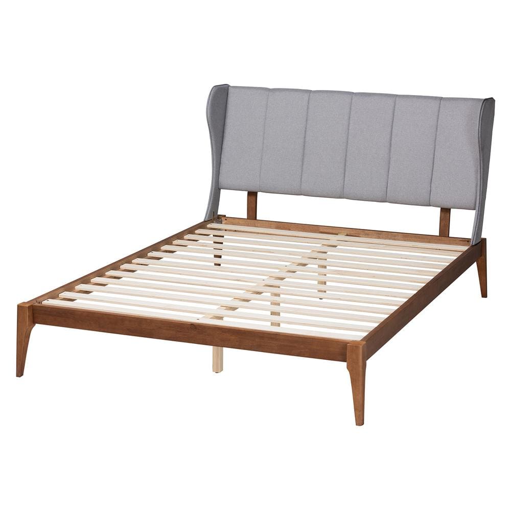 Royce Queen Walnut Wood Frame Gray Upholstered Wingback Bed