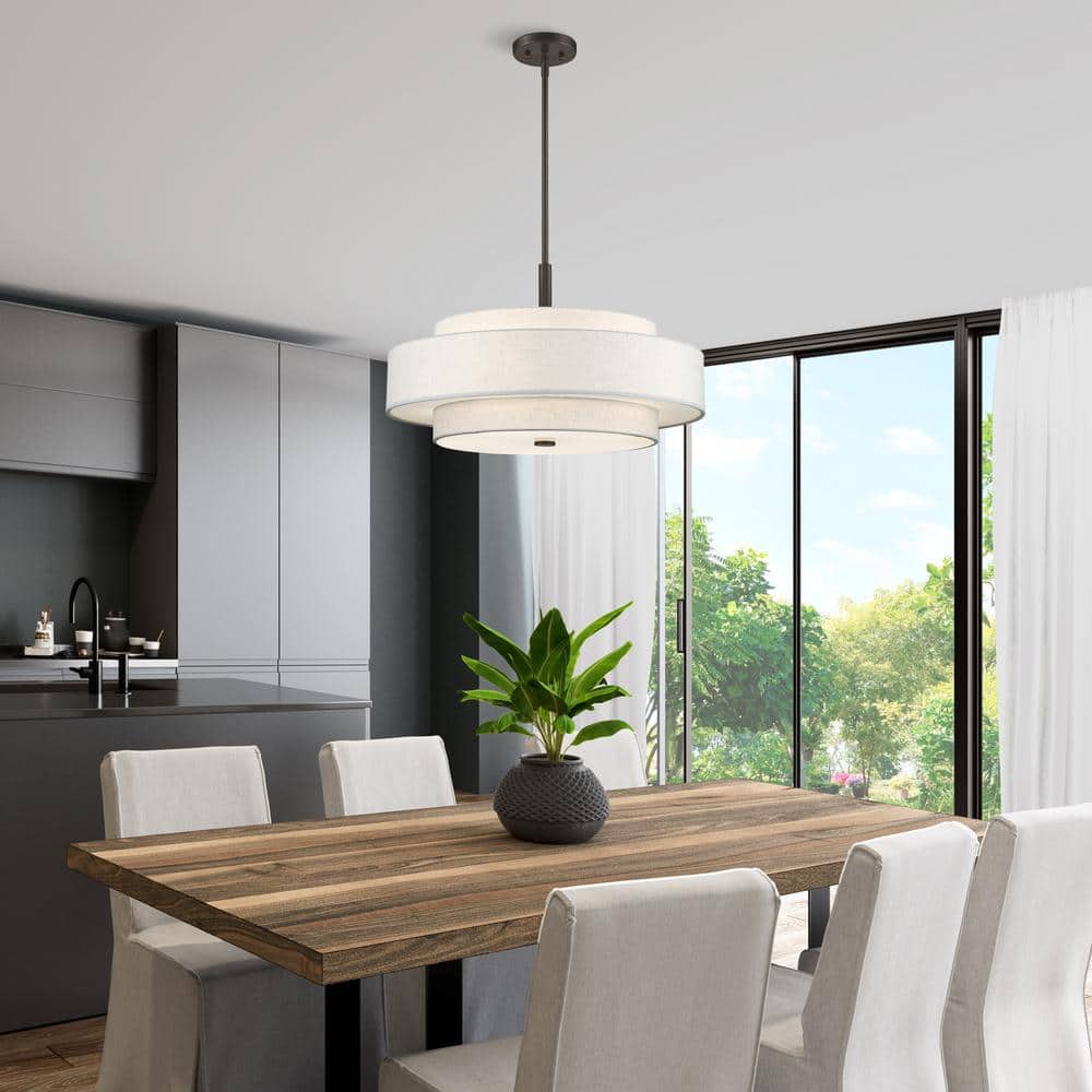 English Bronze Drum Shade Pendant Light with Oatmeal Fabric