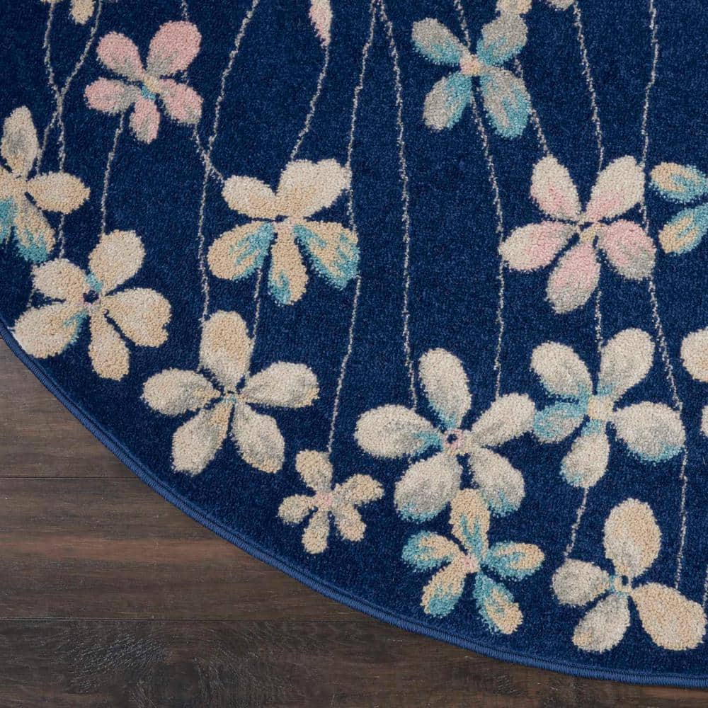 Handmade Navy Floral Viscose Round Area Rug, 63" Diameter