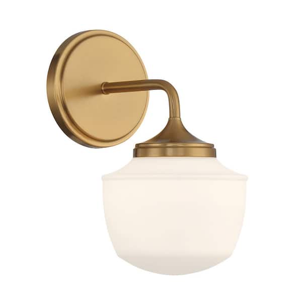Minka Lavery Cornwell 6 in. 1-Light Aged Brass Vanity Light with Etched Opal Glass Shade