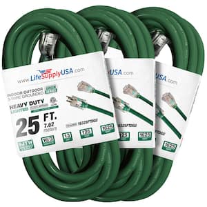 25 ft. 16-Gauge/3-Conductors SJTW Indoor/Outdoor Extension Cord with Lighted End Green (3-Pack)