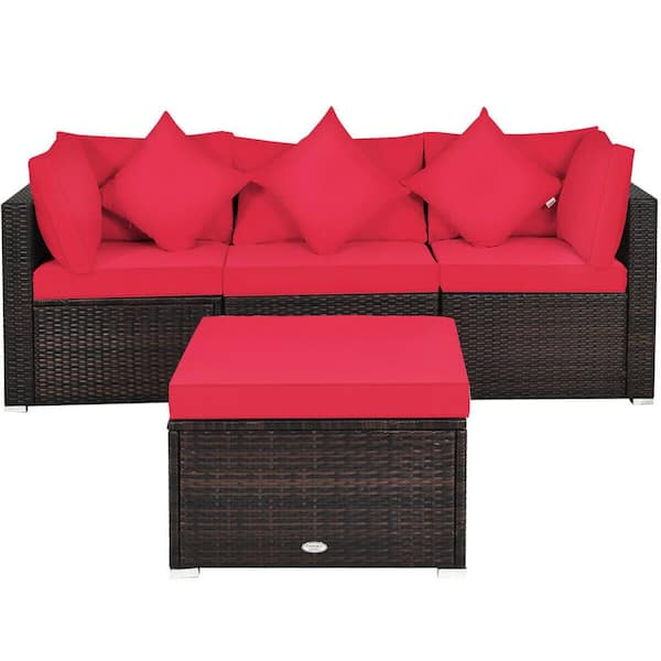 FORCLOVER 4-Pieces Rattan Wicker Patio Conversation Sets Ottoman Garden Patio Furniture Set with Red Cushion