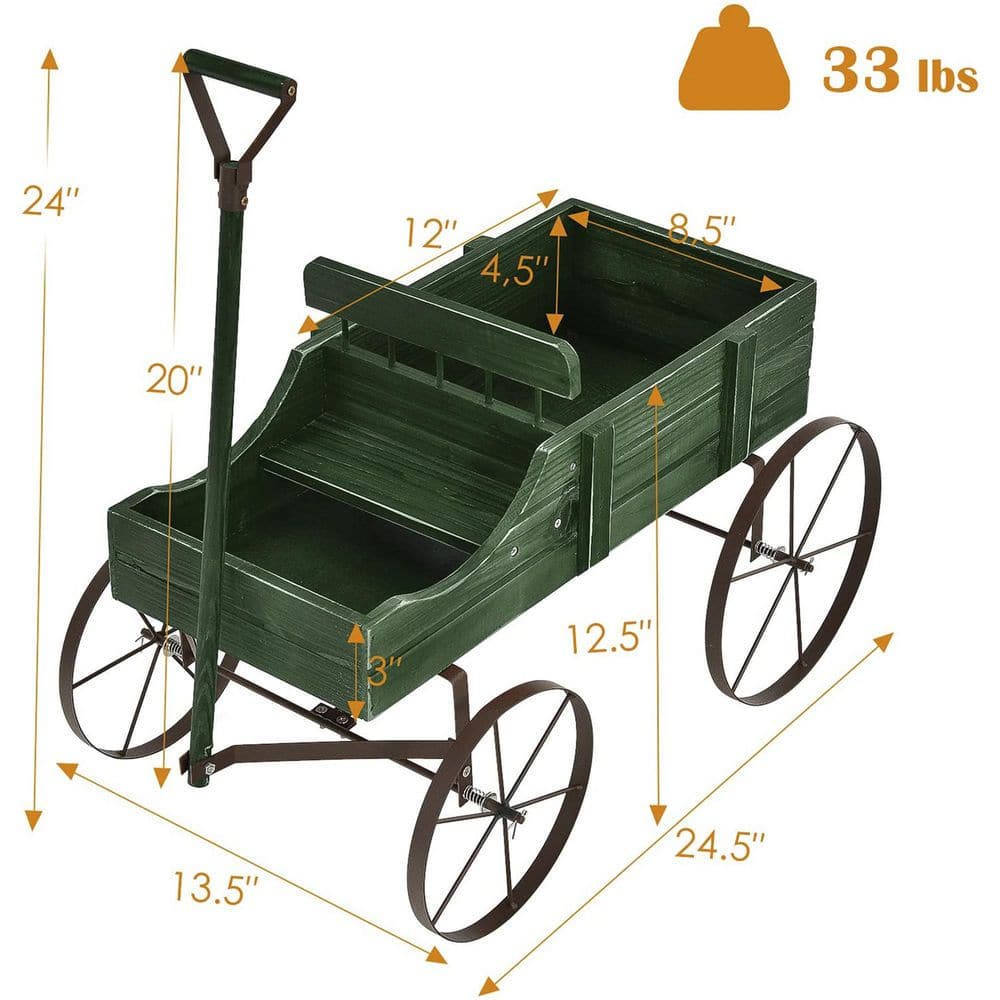 Green Fir Wood Wagon Planter with Metal Wheels