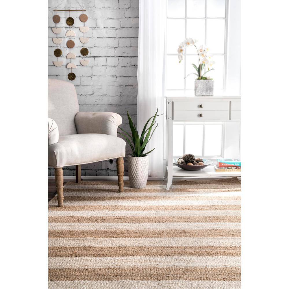 Off-White and Beige Striped Jute Cotton 3' x 5' Area Rug