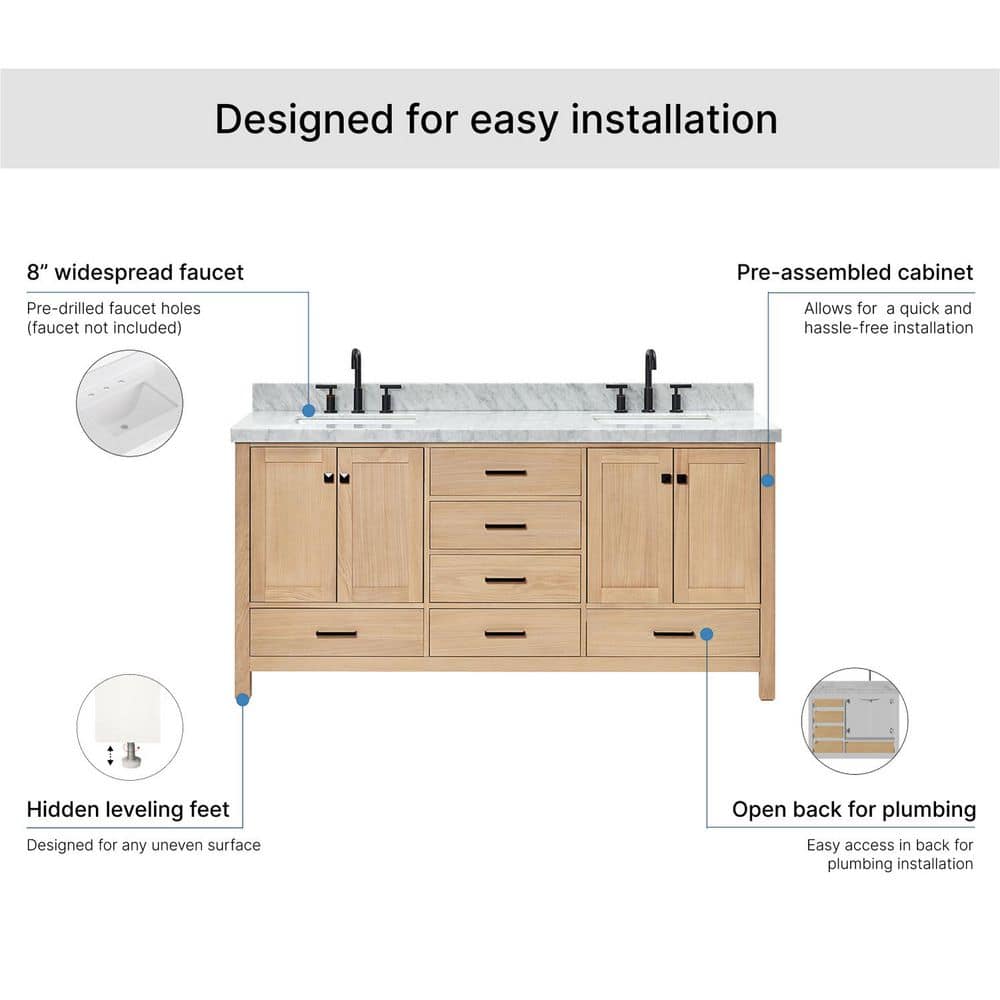 Cambridge 72'' Oak Double Bathroom Vanity with Carrara Marble Top