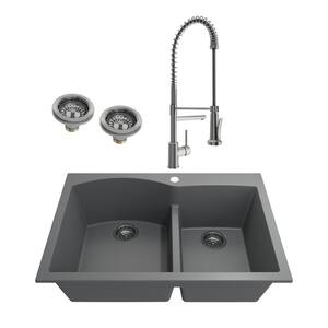 Campino Duo Concrete Gray Granite Composite 33 in. 60/40 Double Bowl Drop-In/Undermount Kitchen Sink with Faucet